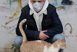 Кошка и человек в маске
